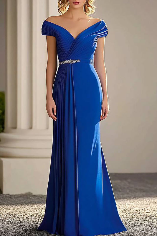 Elegant Formal Off-Shoulder Dress Waist Detail Pleated Floor-Length Dress