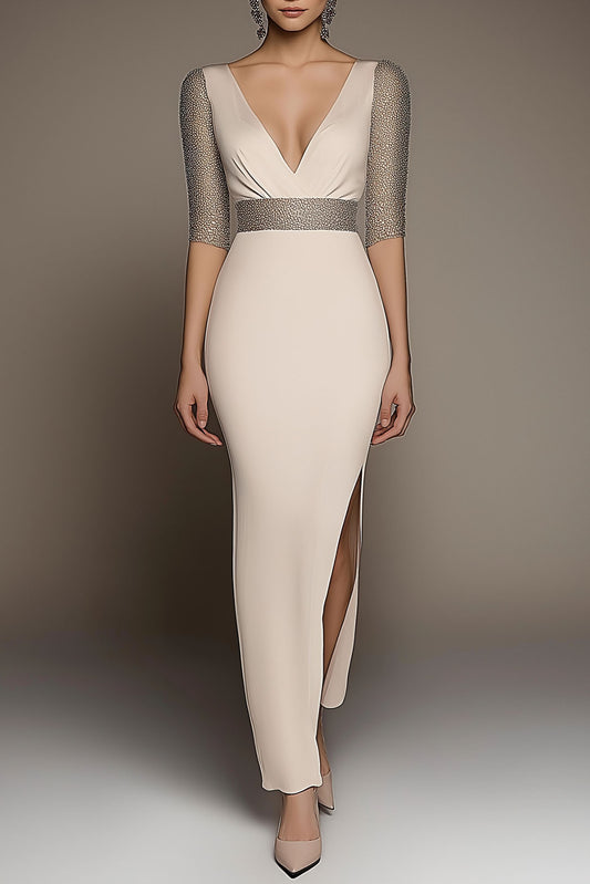 Elegant Party Dress Deep V Light Pink High Slit Maxi Dress
