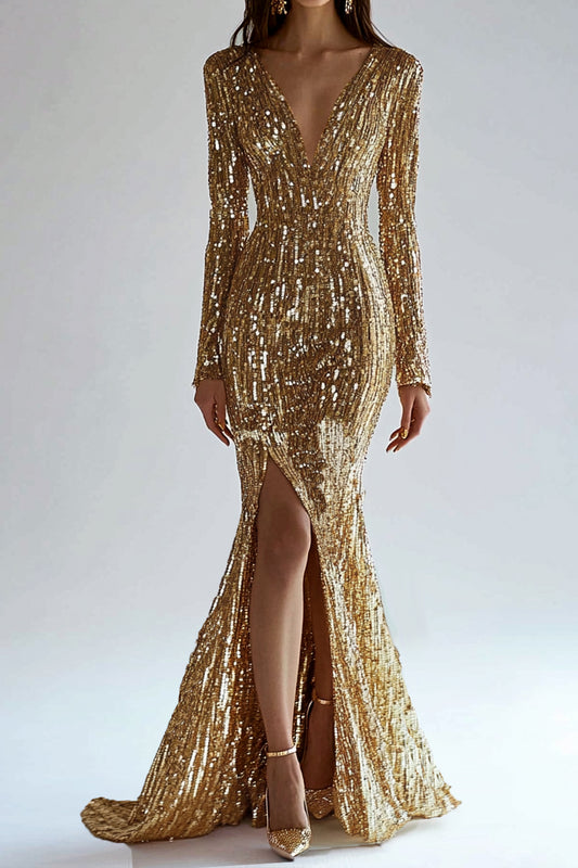 Gold  Dress Sequin High Slit  Long Sleeve Mermaid Maxi Dress