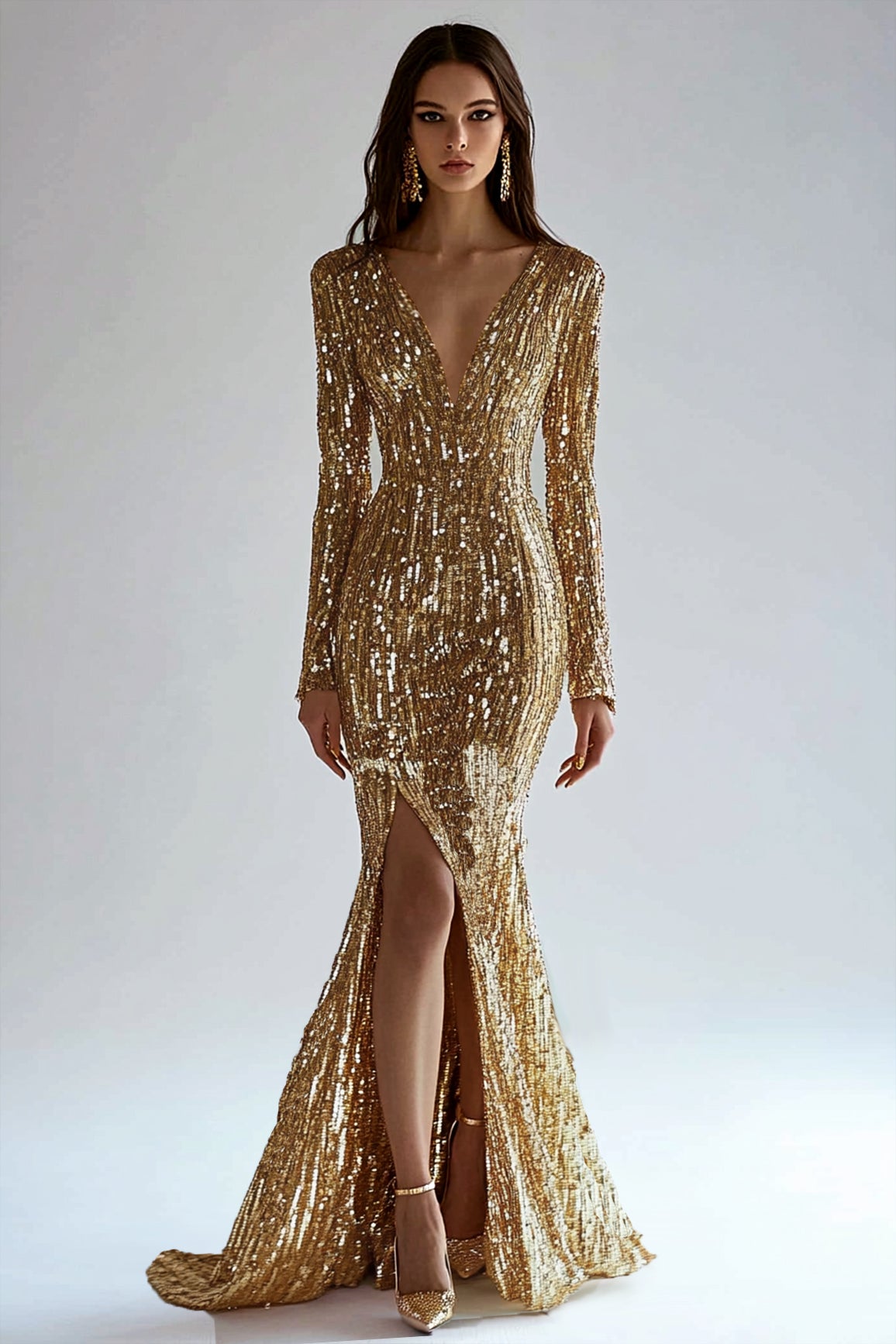Gold  Dress Sequin High Slit  Long Sleeve Mermaid Maxi Dress