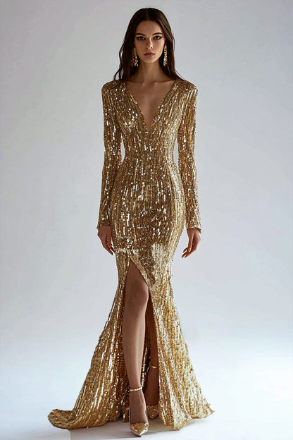 Gold  Dress Sequin High Slit  Long Sleeve Mermaid Maxi Dress