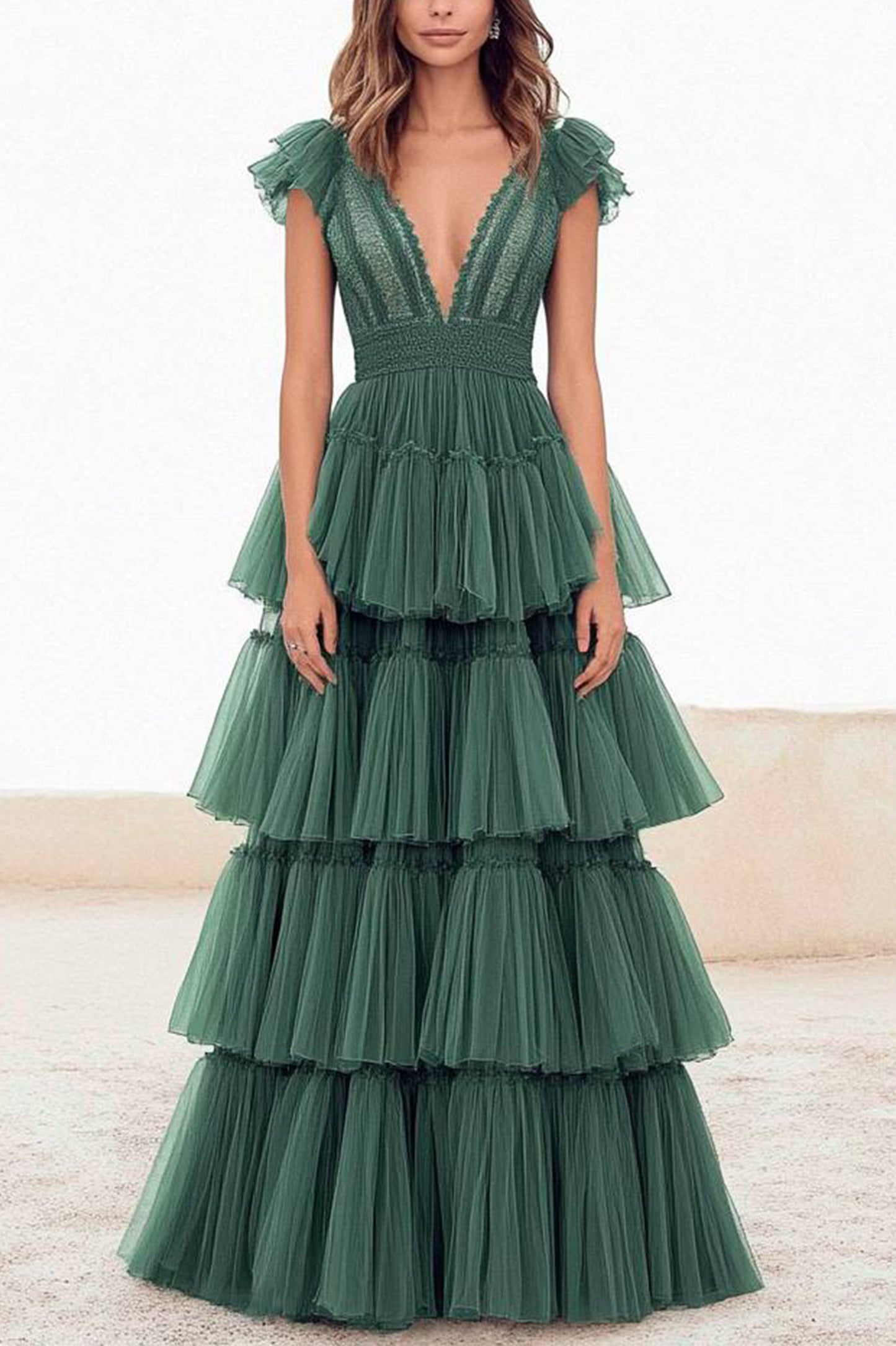 Evening Party Dress Green V-Neck Ruffle Multi-Layer Maxi Dress