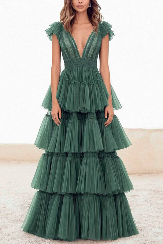 Evening Party Dress Green V-Neck Ruffle Multi-Layer Maxi Dress