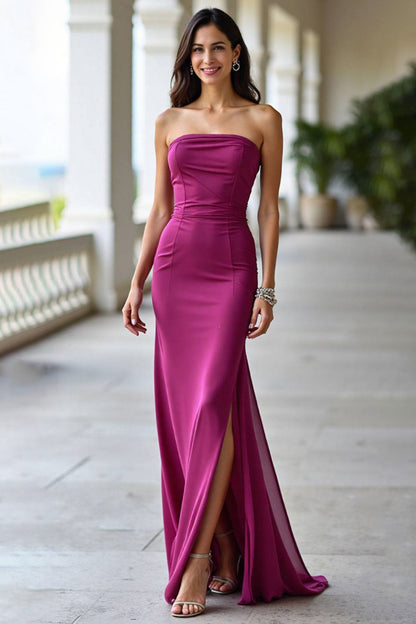 Elegant Formal Strapless Dress Purple Side Slit Chiffon Floor-Length Gown