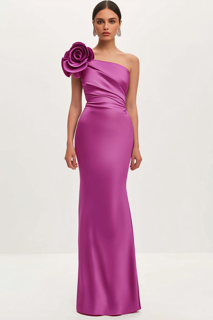 Formal Evening Satin Dress Purple One Shoulder 3D Floral Floor-Length Dress