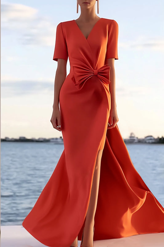 Formal Evening Dress Orange V-Neck Waist Bow Side Slit Floor-Length Dress