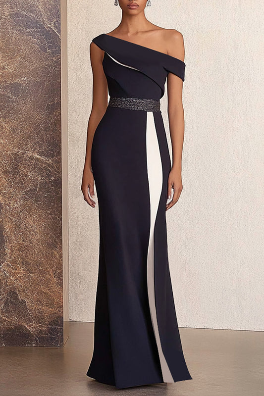 Formal Off-Shoulder Dress Black and White Colorblock Maxi Dress