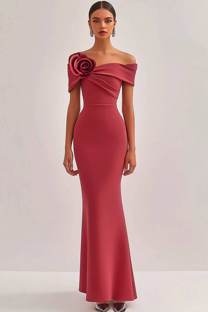 Formal Evening Dress Red One-Shoulder Flower Bodycon Maxi Dress