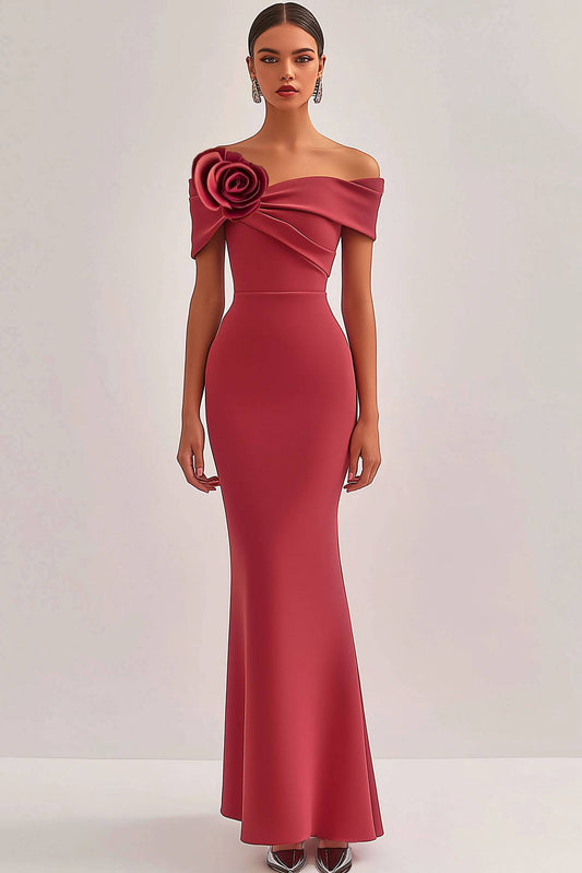 Formal Evening Dress Red One-Shoulder Flower Bodycon Maxi Dress