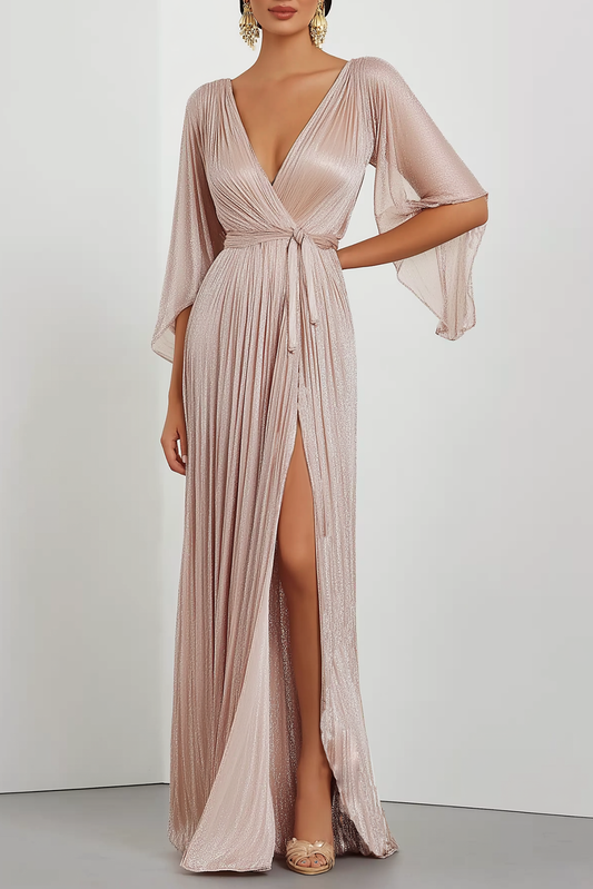 Formal Evening Dress Light Pink Cross Neck Pleated Hight Slit Floor Length Dress