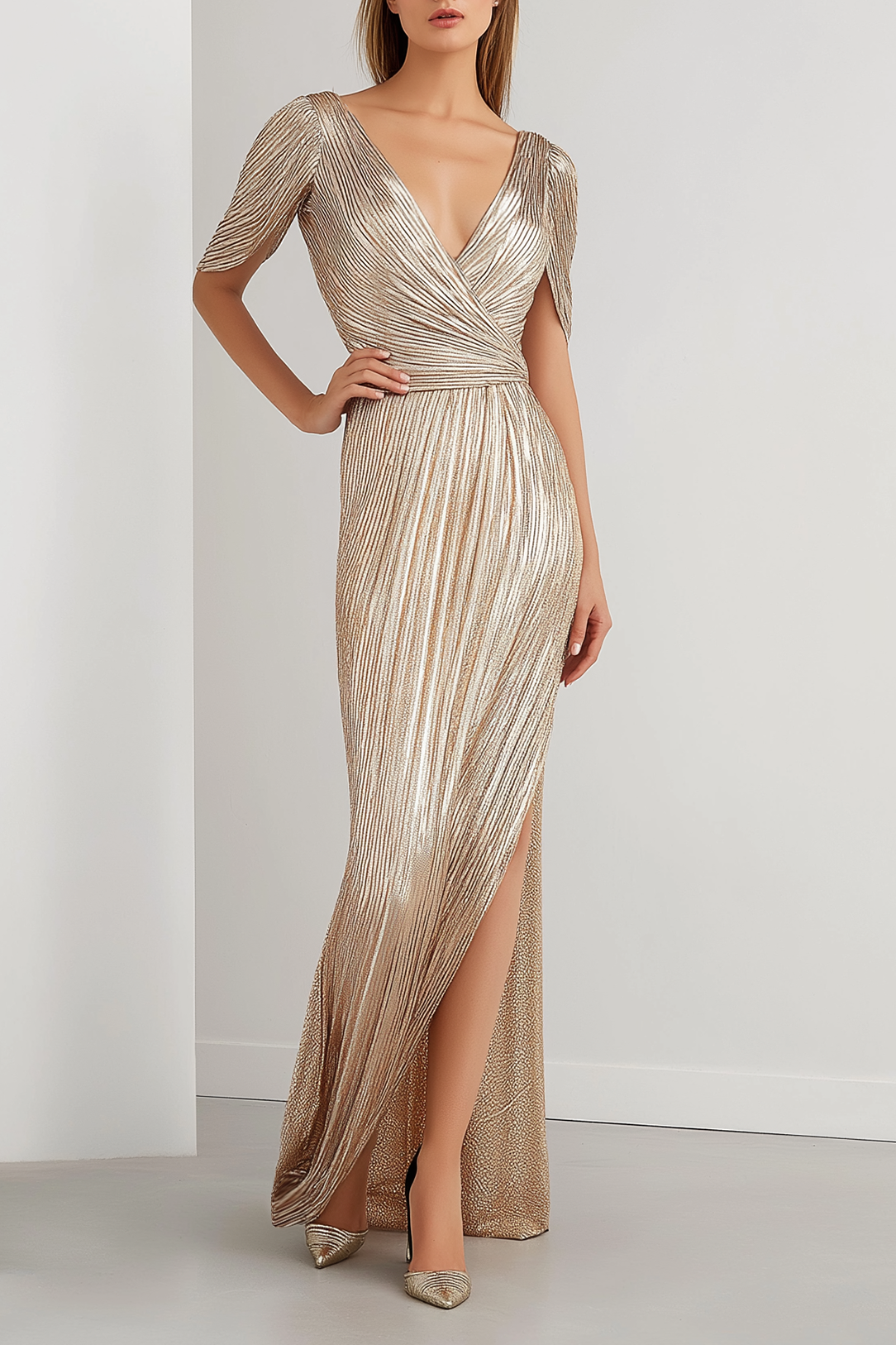 Formal Evening Dress Gold Pleated Slit V Neck Floor Length Dress