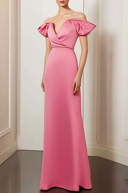 Formal Evening Dress Pink Off-Shoulder Puff Sleeve Floor-Length Dress