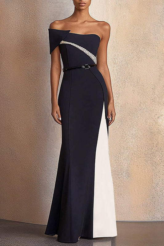Formal Evening Dress Black White Colorblock Belt Floor-Length Dress