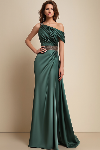 Formal Dress Green One-Shoulder Rhinestone Waist Belt Floor-Length Dress