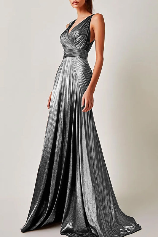 Formal Party V Neck Elegant Silver Metallic Floor-length Dress