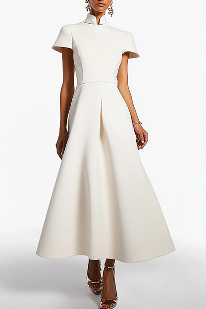 Evening Formal Dress White Stand Collar Short Sleeve Loose Maxi Dress