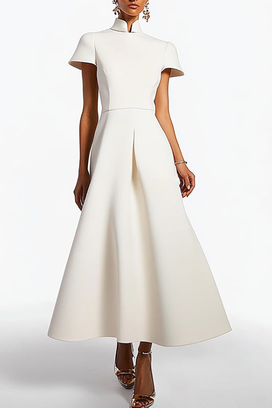 Evening Formal Dress White Stand Collar Short Sleeve Loose Maxi Dress