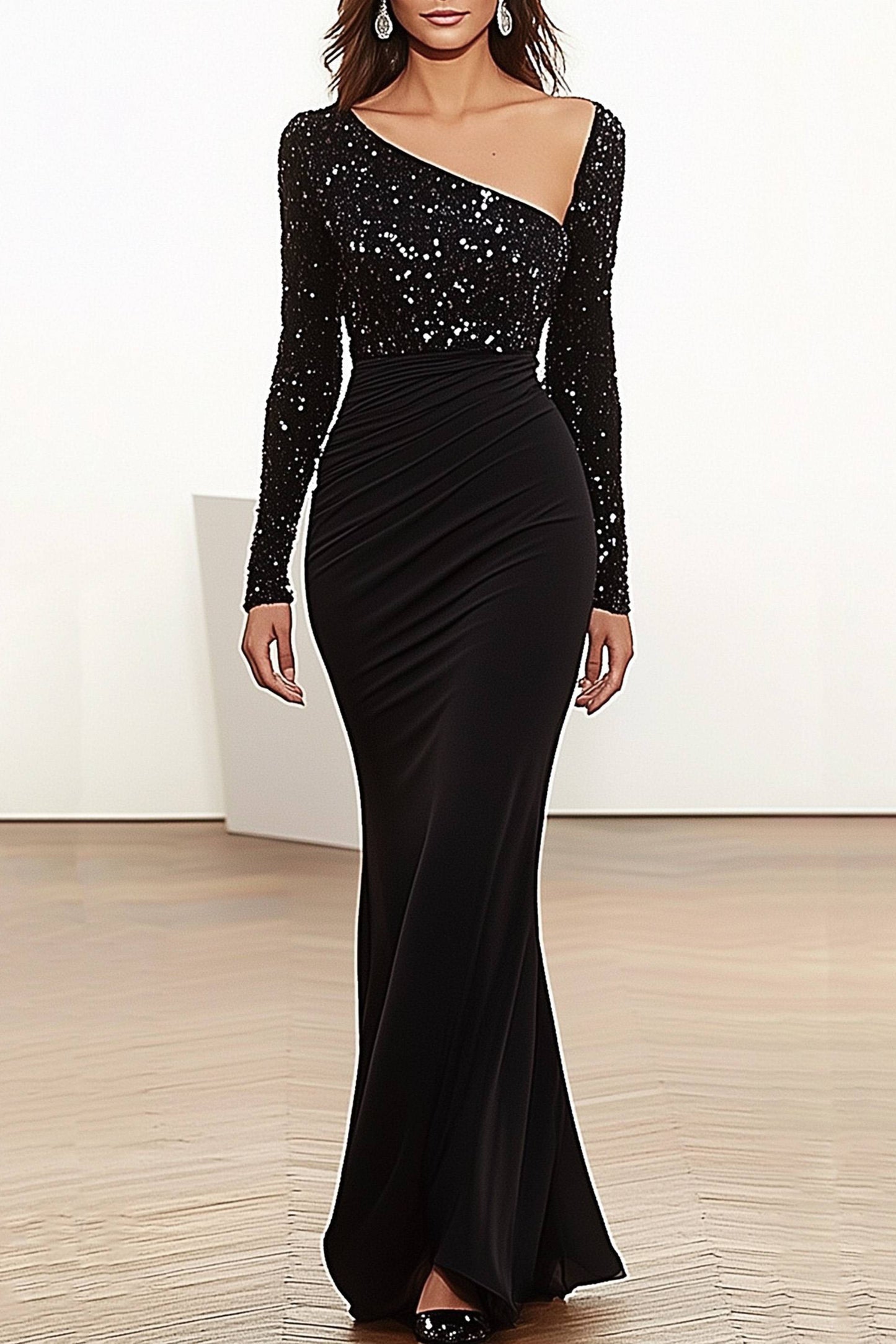 Evening Dress Black Sequin Asymmetrical Neck Long Sleeve Dress