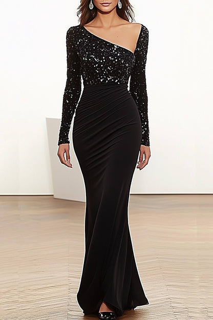 Evening Dress Black Sequin Asymmetrical Neck Long Sleeve Dress