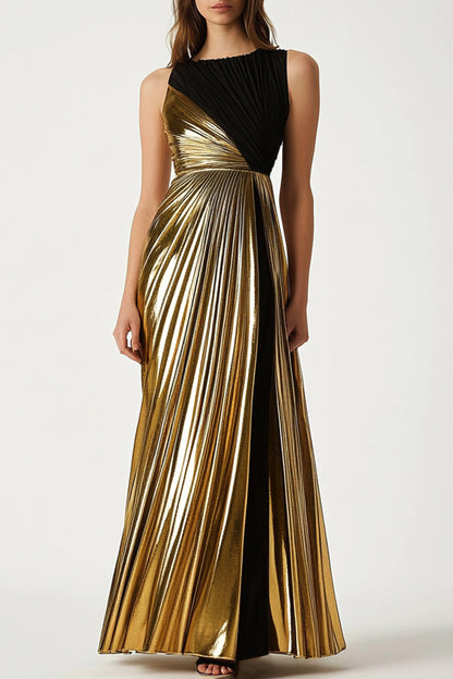 Formal Evening Dress Black Gold Metallic Sleeveless Pleated Maxi Dress