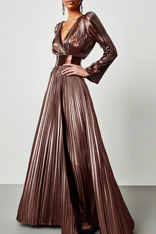 Evening Formal Dress Metallic Brown V-Neck Long Sleeve Pleated Maxi Dress