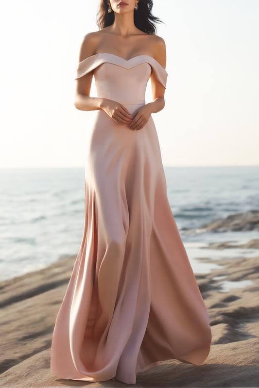 Evening Formal Dress Pink Off Shoulder Maxi Satin Dress