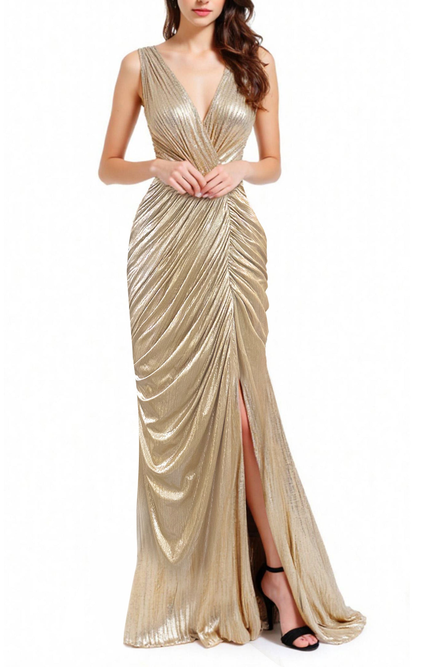 Formal Evening Gold Dress Pleated Sleeveless Metallic V-Neck Slit Floor-Length Dress