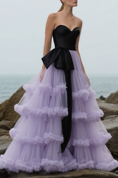 Evening Prom Tiered Dress Black Strapless Floor-Length Dress