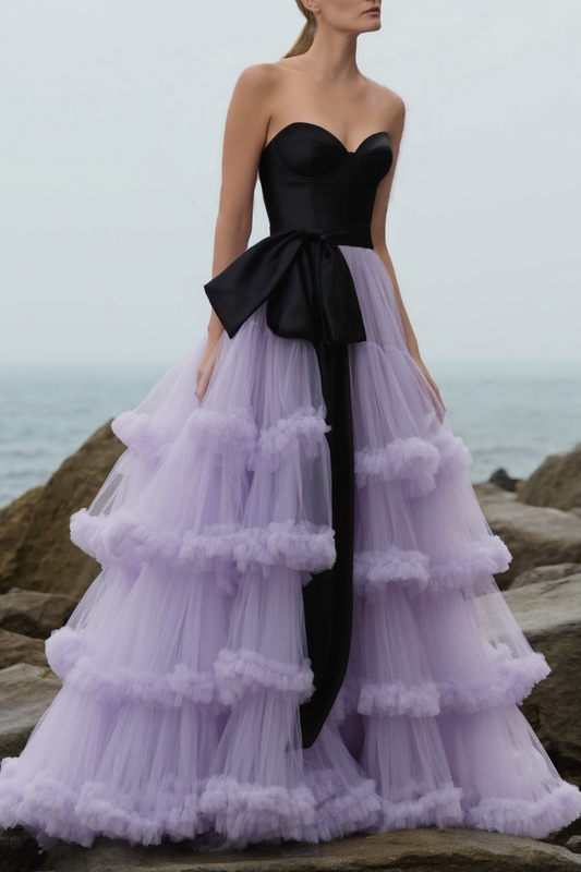 Evening Prom Tiered Dress Black Strapless Floor-Length Dress
