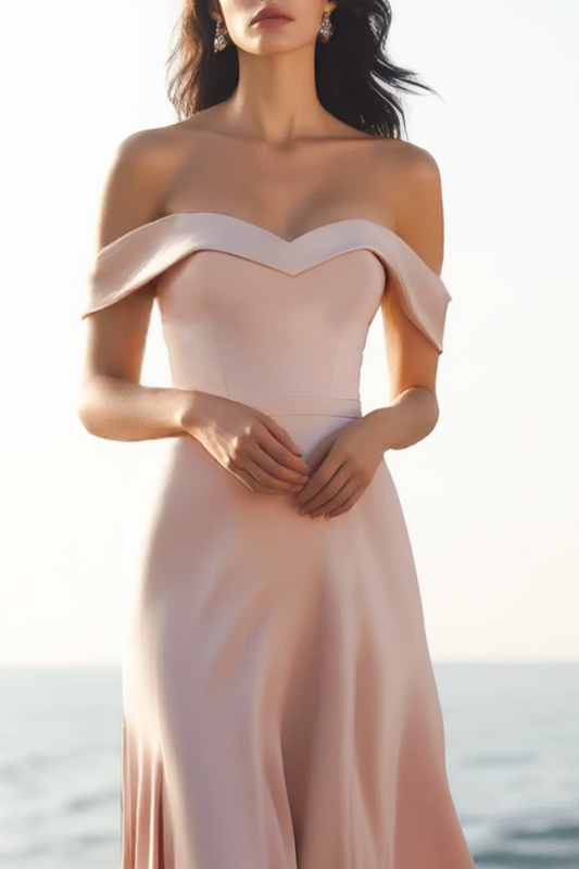 Evening Formal Dress Pink Off Shoulder Maxi Satin Dress