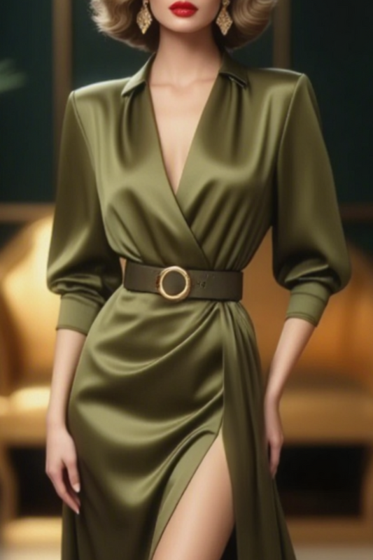 Evening Formal Satin Dress Green V Neck Floor-Length Dress