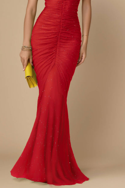 Evening Formal Dress Red Sweatheart Neck Ruched Mermaid Maxi Dress