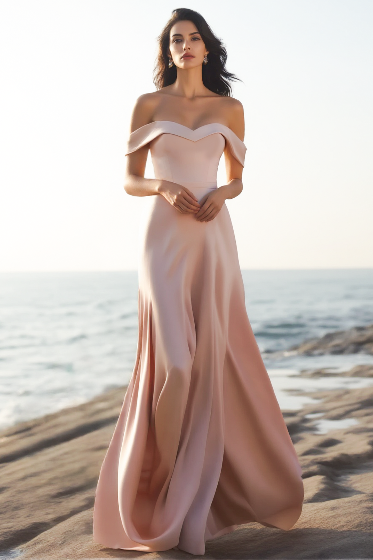 Evening Formal Dress Pink Off Shoulder Maxi Satin Dress