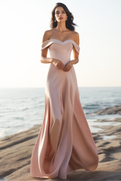 Evening Formal Dress Pink Off Shoulder Maxi Satin Dress
