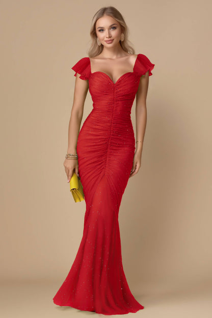 Evening Formal Dress Red Sweatheart Neck Ruched Mermaid Maxi Dress