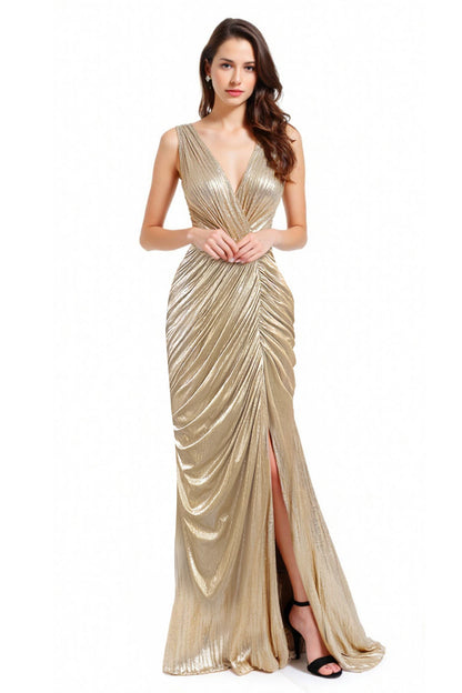 Formal Evening Gold Dress Pleated Sleeveless Metallic V-Neck Slit Floor-Length Dress
