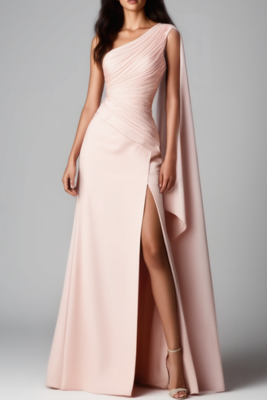 Evening Dress Pink One Shoulder Cape Slit Floor-Length Dress