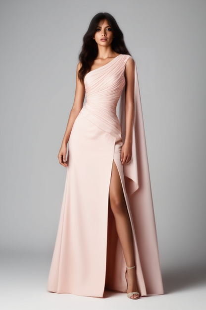 Evening Dress Pink One Shoulder Cape Slit Floor-Length Dress