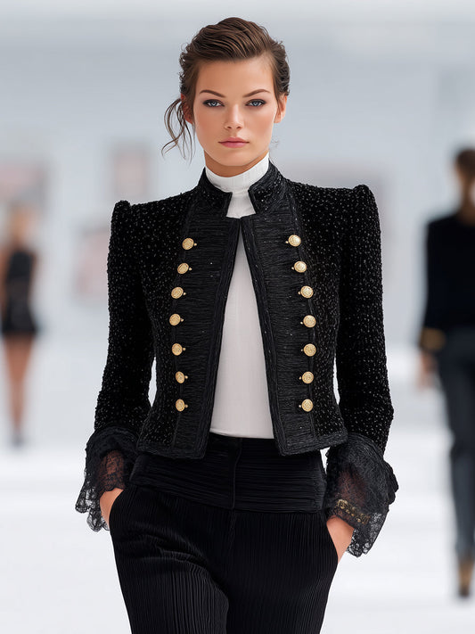Designer Black Tweed Button-down Lace Jacket