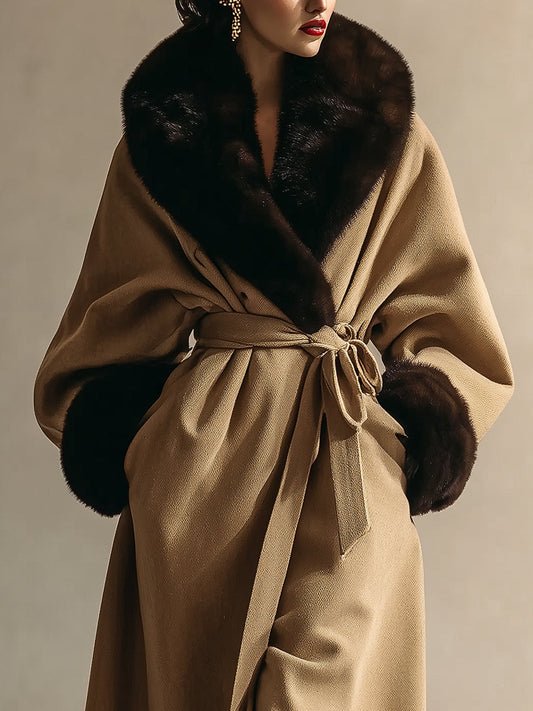 Elegant Wrap Coat With Faux Fur Collar And Cuffs