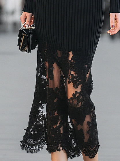 Elegant Ribbed Knit Dress With Sheer Lace Hem
