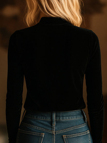 (sale)Elegant V-neck Embroidery Velvet Long Sleeves Top