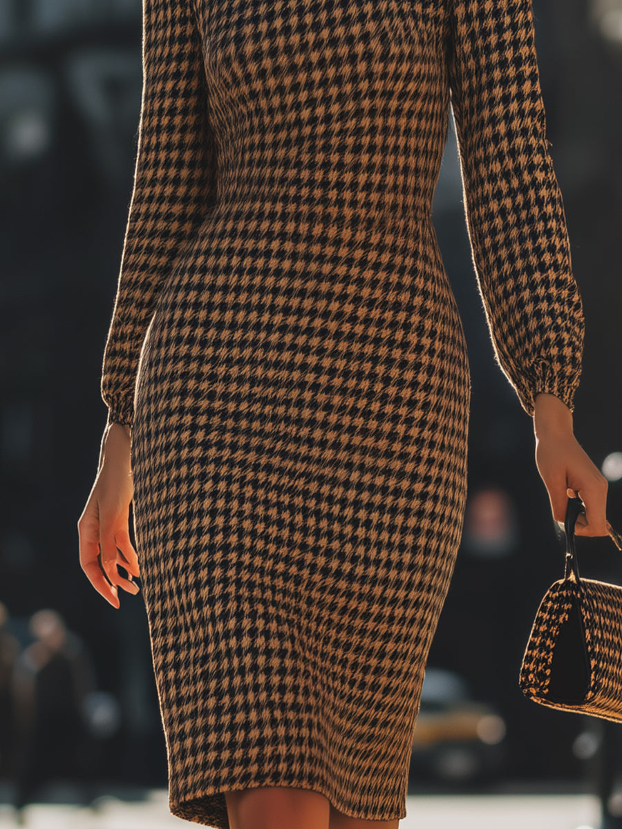 Elegant Houndstooth Mock Neck Midi Dress