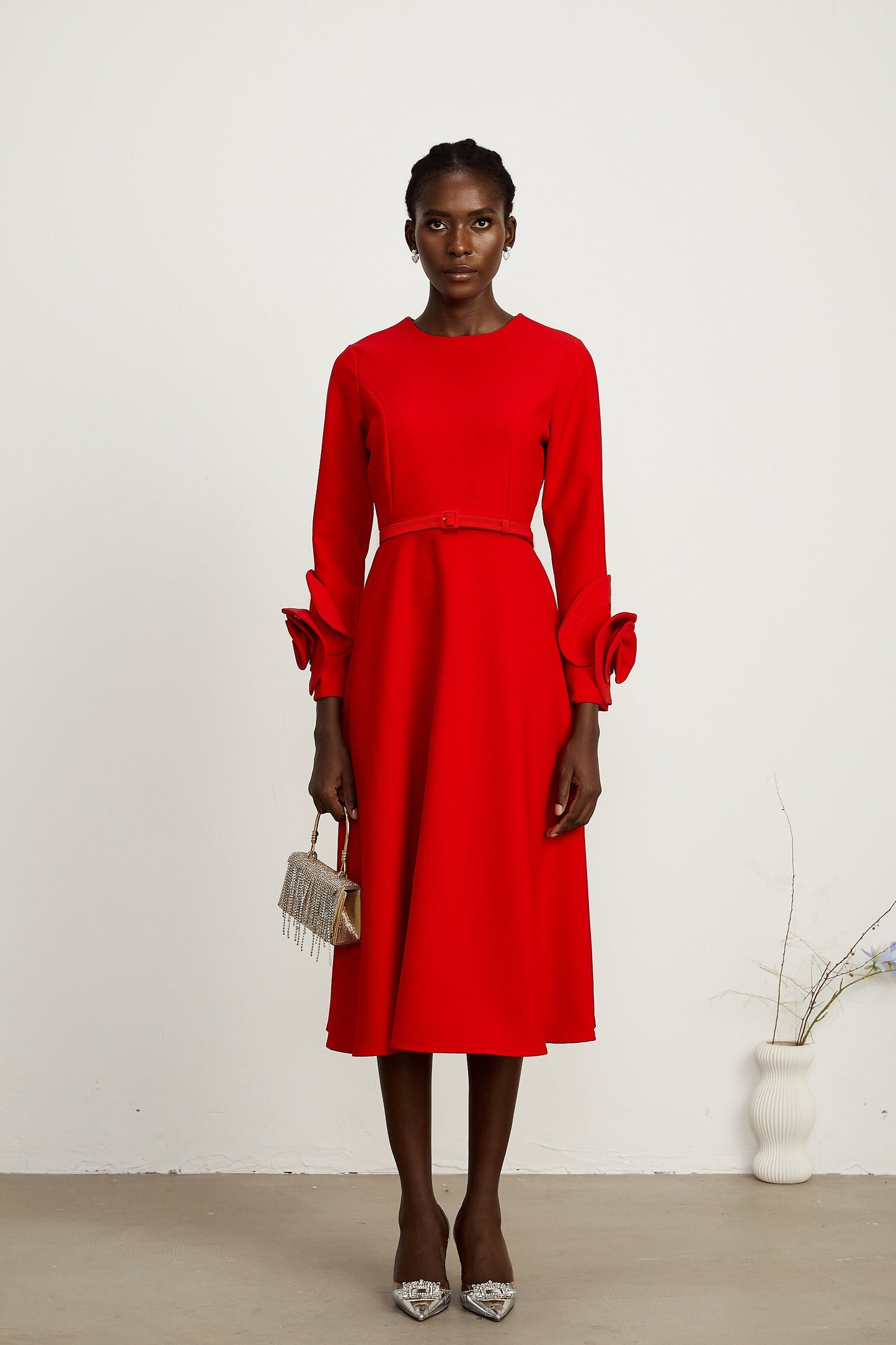 Aurelia red long-sleeve dress with floral embellishments