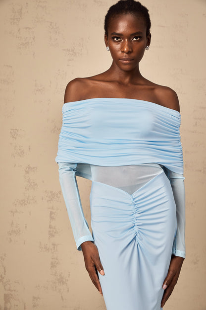 Ninon blue off-shoulder ruched maxi dress