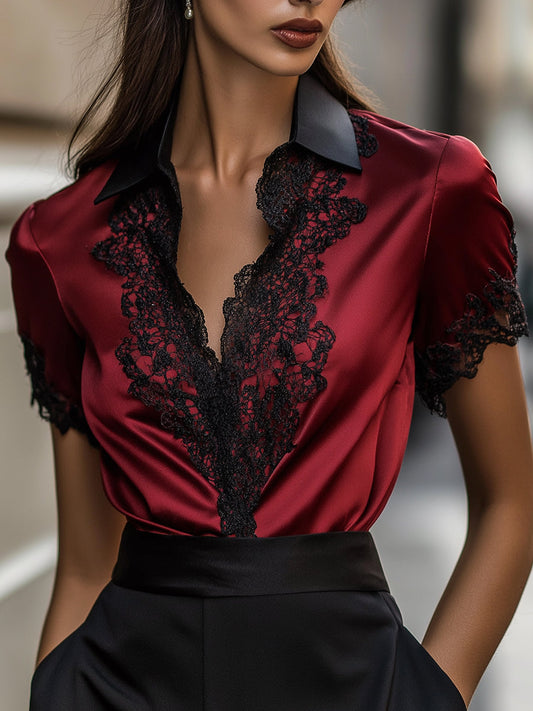 Elegant Burgundy Satin Top with Black Lace Detailing