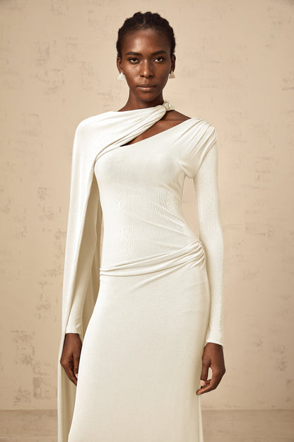Josette White Diagonal Shawl Fitted Maxi Dress