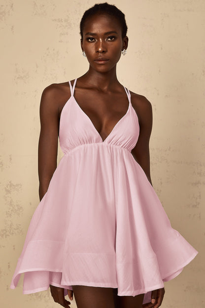 Quincie Pink Shirred Flounced Mini Dress