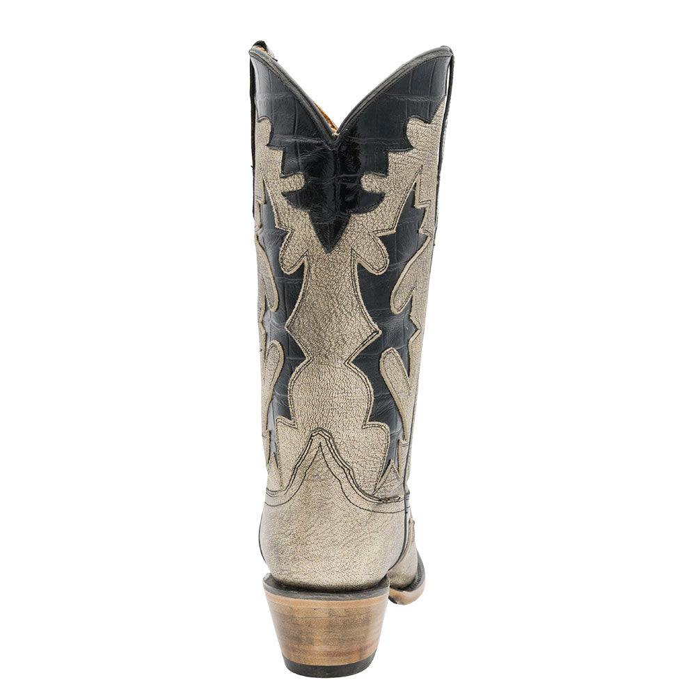 Gold & Black Block Heel Patchwork Snip Toe Western Boots for Women