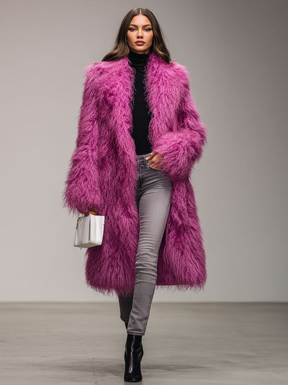 Dragon Fruit Colored Lapel Warm Eco-friendly Fur Coat